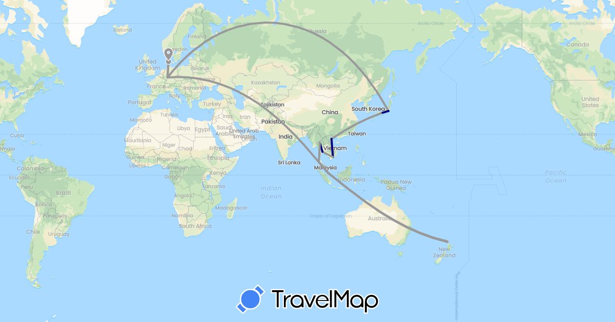 TravelMap itinerary: driving, plane in Germany, Denmark, Japan, New Zealand, Singapore, Thailand, Vietnam (Asia, Europe, Oceania)